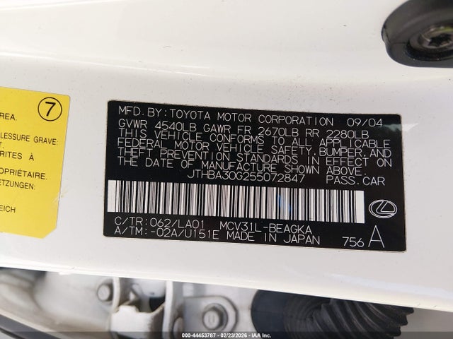44453787 :رقم المزاد ، JTHBA30G255072847 vin ، 2005 Lexus Es 330 مزاد بيع