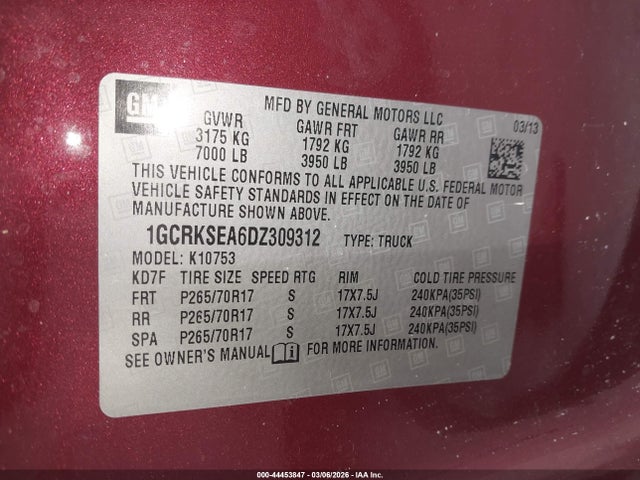 44453847 :رقم المزاد ، 1GCRKSEA6DZ309312 vin ، 2013 Chevrolet Silverado 1500 Lt مزاد بيع