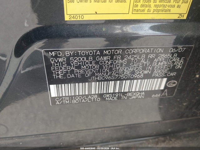44453848 :رقم المزاد ، JTHBC96S775010968 vin ، 2007 Lexus Gs 450h مزاد بيع