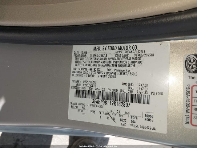 Aukcja sprzedaży 2009 Ford Fusion Sel, vin: 3FAHP08119R182807, numer aukcji: 44453860