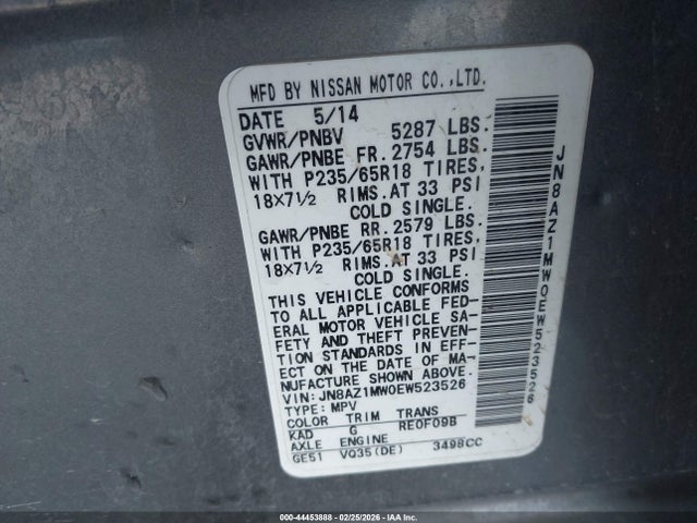 JN8AZ1MW0EW523526 Nissan Murano Le/s/sl/sv