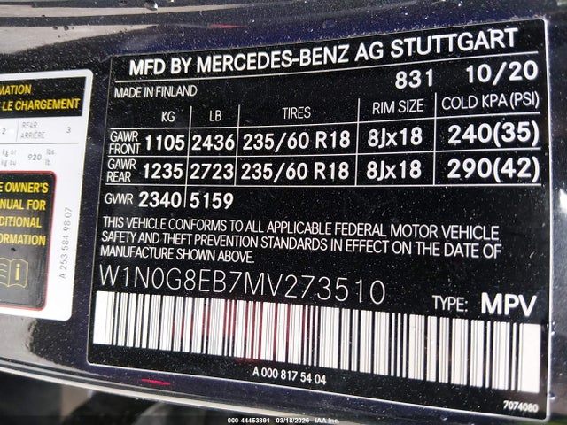 44453891 :رقم المزاد ، W1N0G8EB7MV273510 vin ، 2021 Mercedes-benz Glc 300 4matic Suv مزاد بيع