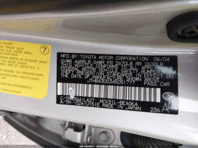 44453911 :رقم المزاد ، JTHBA30G345051777 vin ، 2004 Lexus Es 330 مزاد بيع