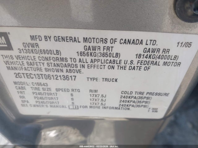 Продажа на аукционе авто 2006 Gmc Sierra 1500 Sle1, vin: 2GTEC13T061213617, номер лота: 44453932