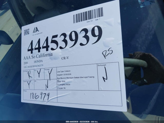 Продажа на аукционе авто 2006 Honda Cr-v Se, vin: JHLRD78956C062379, номер лота: 44453939