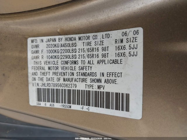 Продажа на аукционе авто 2006 Honda Cr-v Se, vin: JHLRD78956C062379, номер лота: 44453939