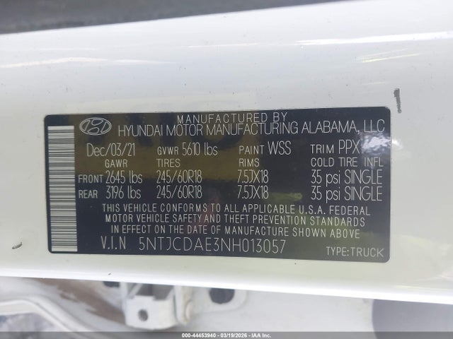 44453940 :رقم المزاد ، 5NTJCDAE3NH013057 vin ، 2022 Hyundai Santa Cruz Sel مزاد بيع