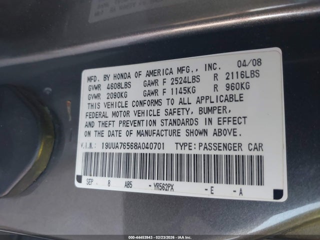 2008 Acura Tl მანქანა იყიდება აუქციონზე, vin: 19UUA76568A040701, აუქციონის ნომერი: 44453943