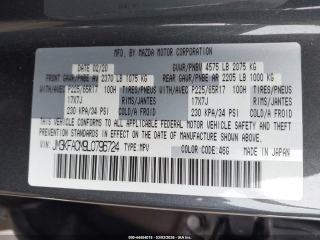 Aukcja sprzedaży 2020 Mazda Cx-5 Touring, vin: JM3KFACM9L0796724, numer aukcji: 44454018