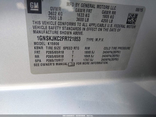 Aukcja sprzedaży 2015 Chevrolet Suburban 1500 Lt, vin: 1GNSKJKC2FR721853, numer aukcji: 44454033