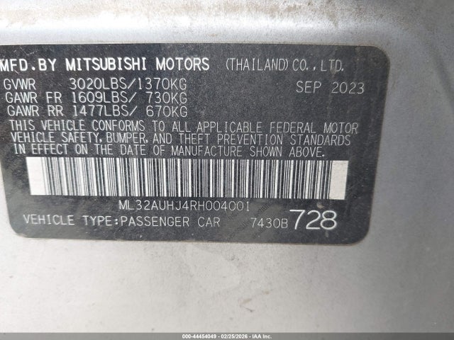 Aukcja sprzedaży 2024 Mitsubishi Mirage Es, vin: ML32AUHJ4RH004001, numer aukcji: 44454049