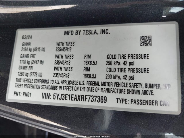 Aukcja sprzedaży 2024 Tesla Model 3 Long Range Dual Motor All-wheel Drive/rear-wheel Drive, vin: 5YJ3E1EAXRF737369, numer aukcji: 44454067