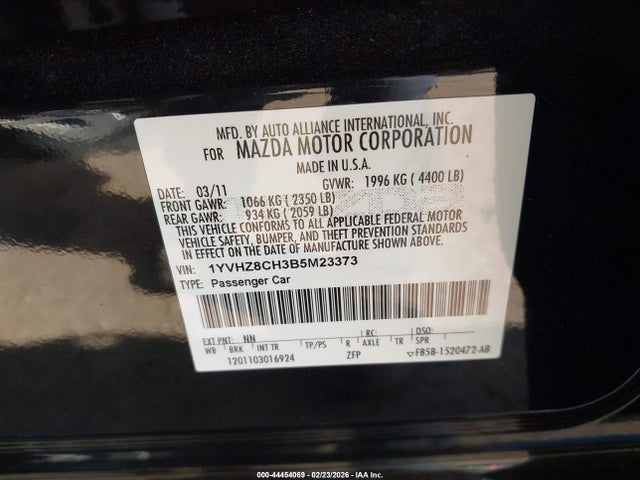 Aukcja sprzedaży 2011 Mazda Mazda6 I Touring, vin: 1YVHZ8CH3B5M23373, numer aukcji: 44454069