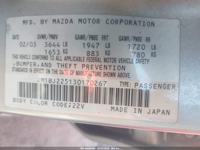 Aukcja sprzedaży 2003 Mazda Protege Dx/es/lx, vin: JM1BJ225130170267, numer aukcji: 44454094