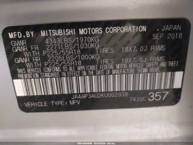 2019 MITSUBISHI OUTLANDER SPORT JA4AP3AU2KU002938 Photo 8