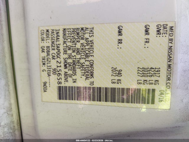 1N4AL3AP0GC215658 Nissan Altima 2.5/2.5 S/2.5 Sl/2.5 Sr/2.5 Sv
