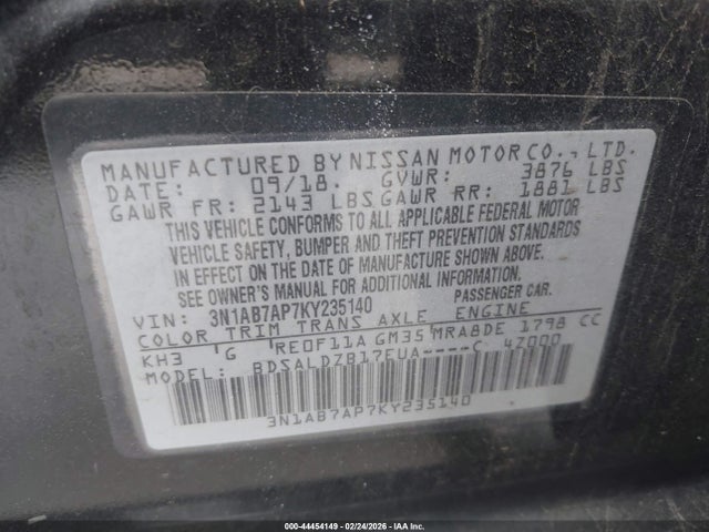 3N1AB7AP7KY235140 Nissan SENTRA SV