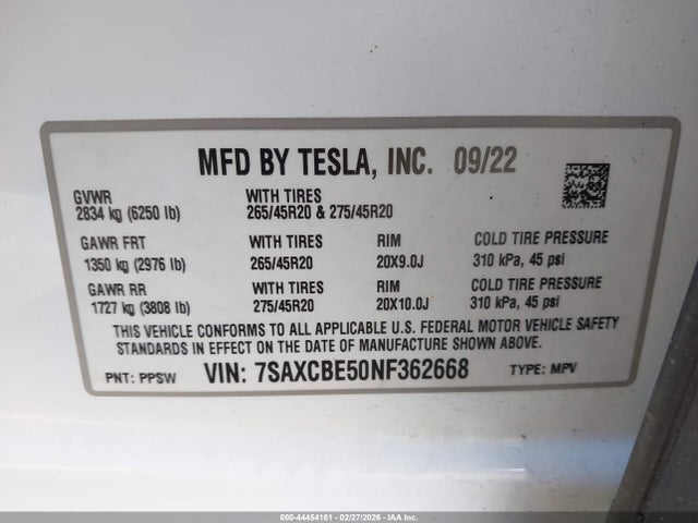 Продаж на аукціоні авто 2022 Tesla Model X Dual Motor All-wheel Drive, vin: 7SAXCBE50NF362668, номер лоту: 44454161