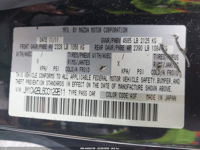 2012 Mazda Mazda5 Sport მანქანა იყიდება აუქციონზე, vin: JM1CW2BL6C0129511, აუქციონის ნომერი: 44454186