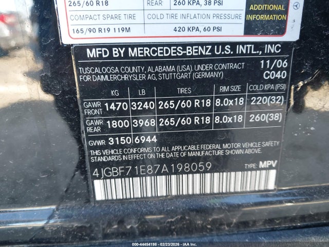 44454198 :رقم المزاد ، 4JGBF71E87A198059 vin ، 2007 Mercedes-benz Gl 450 4matic مزاد بيع