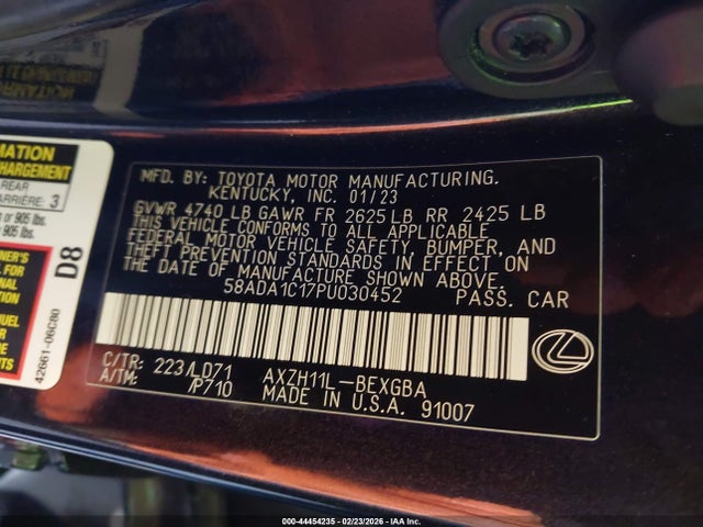 2023 Lexus Es 300h მანქანა იყიდება აუქციონზე, vin: 58ADA1C17PU030452, აუქციონის ნომერი: 44454235