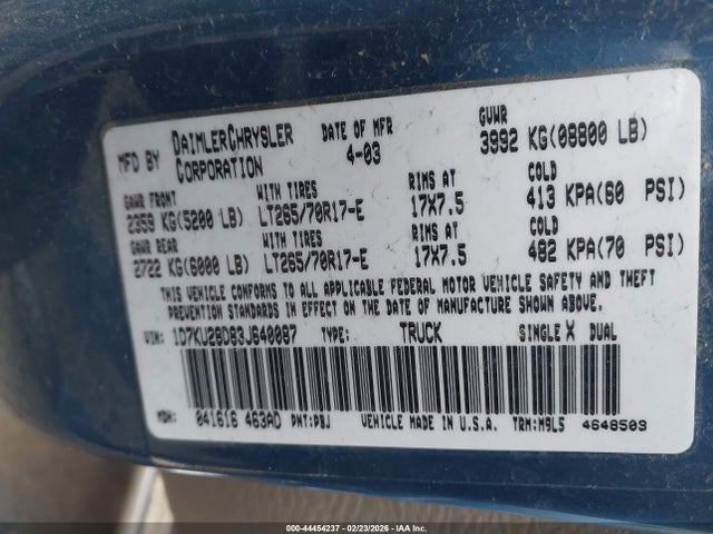 Продаж на аукціоні авто 2003 Dodge Ram 2500 Slt/laramie/st, vin: 1D7KU28D83J640087, номер лоту: 44454237