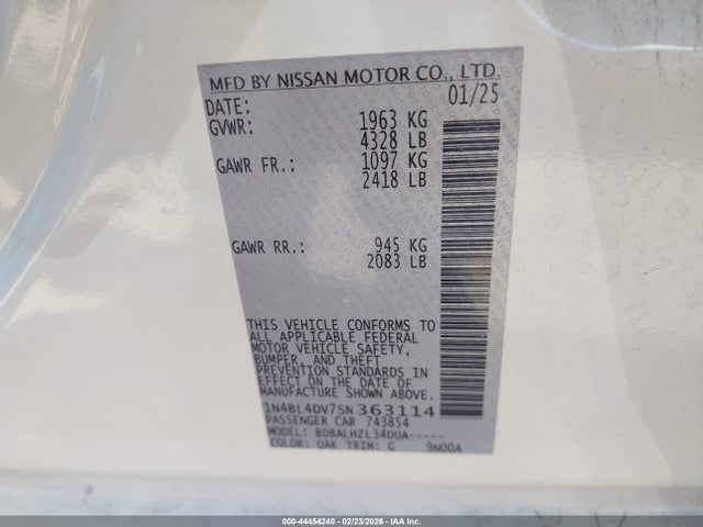 1N4BL4DV7SN363114 Nissan Altima Sv Fwd
