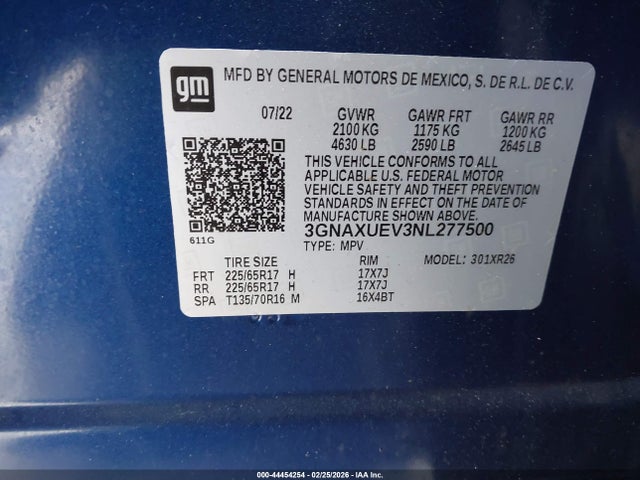 Продаж на аукціоні авто 2022 Chevrolet Equinox Awd Lt, vin: 3GNAXUEV3NL277500, номер лоту: 44454254