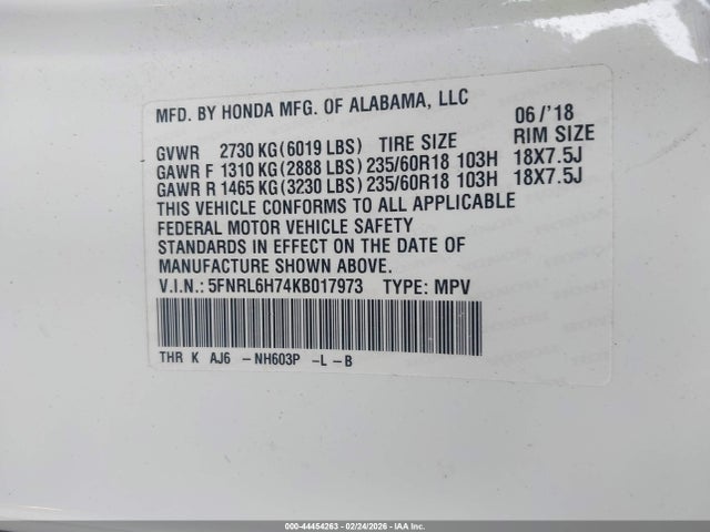 2019 Honda Odyssey Ex-l მანქანა იყიდება აუქციონზე, vin: 5FNRL6H74KB017973, აუქციონის ნომერი: 44454263