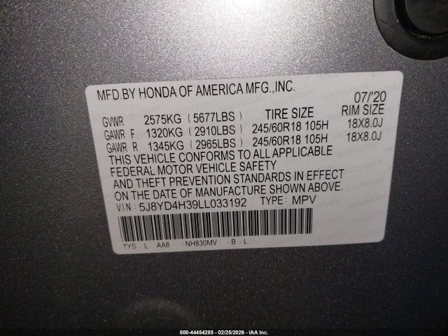 44454285 :رقم المزاد ، 5J8YD4H39LL033192 vin ، 2020 Acura Mdx Standard مزاد بيع