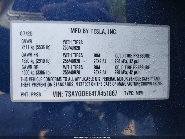 Aukcja sprzedaży 2026 Tesla Model Y Long Range Launch Series/premium All-wheel Drive, vin: 7SAYGDEE4TA451867, numer aukcji: 44454313