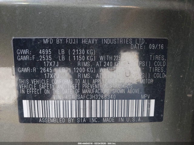 44454316 :رقم المزاد ، 4S4BSAFC3H3266340 vin ، 2017 Subaru Outback 2.5i Premium مزاد بيع