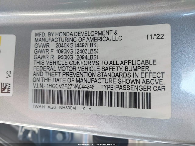 Auction sale of the 2022 Honda Accord Hybrid Sport, vin: 1HGCV3F27NA044248, lot number: 44454321