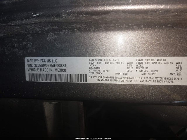 44454343 :رقم المزاد ، 3C6MRVJG8ME558828 vin ، 2021 Ram Promaster 3500 Cargo Van High Roof 159 Wb Ext مزاد بيع