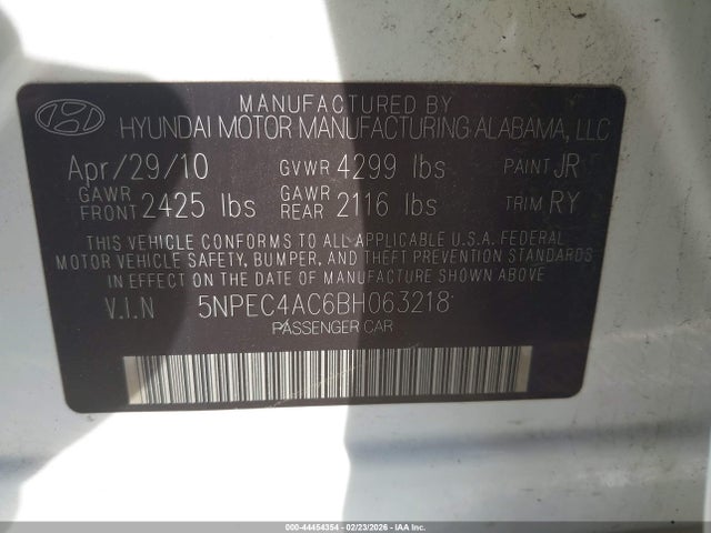 2011 Hyundai Sonata Se მანქანა იყიდება აუქციონზე, vin: 5NPEC4AC6BH063218, აუქციონის ნომერი: 44454354