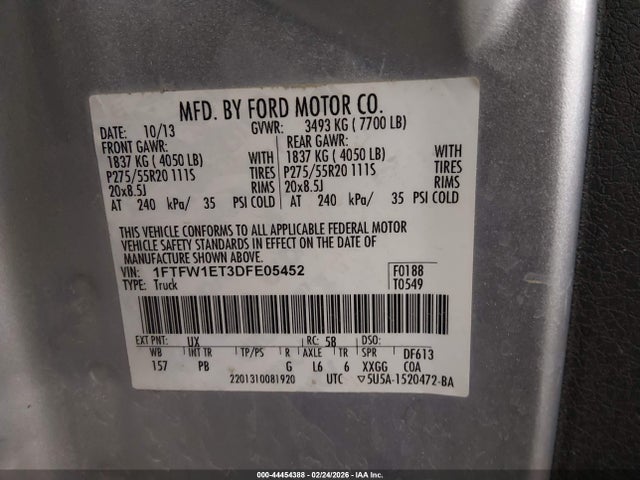 2013 Ford F-150 Platinum მანქანა იყიდება აუქციონზე, vin: 1FTFW1ET3DFE05452, აუქციონის ნომერი: 44454388