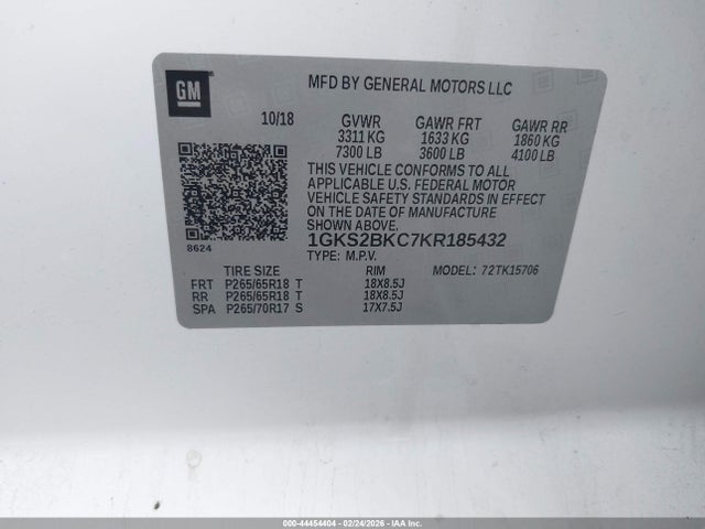 Aukcja sprzedaży 2019 Gmc Yukon Slt, vin: 1GKS2BKC7KR185432, numer aukcji: 44454404