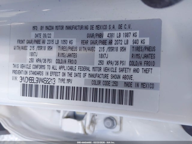 44454460 :رقم المزاد ، 3MVDMBBL9NM458213 vin ، 2022 Mazda Cx-30 Select مزاد بيع