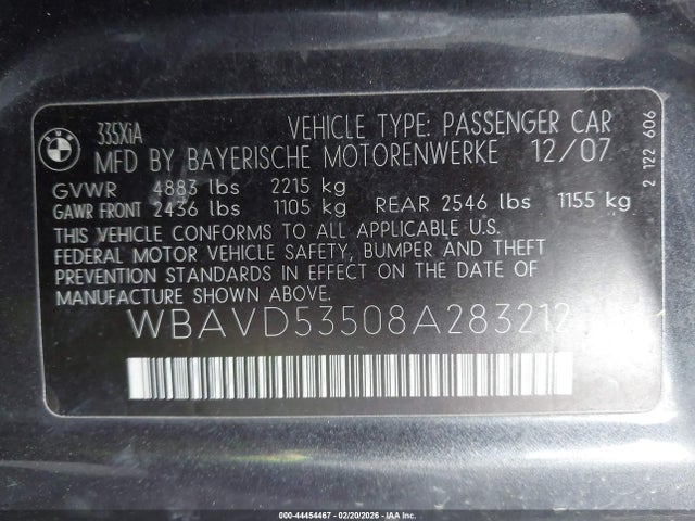 Aukcja sprzedaży 2008 Bmw 335xi, vin: WBAVD53508A283212, numer aukcji: 44454467
