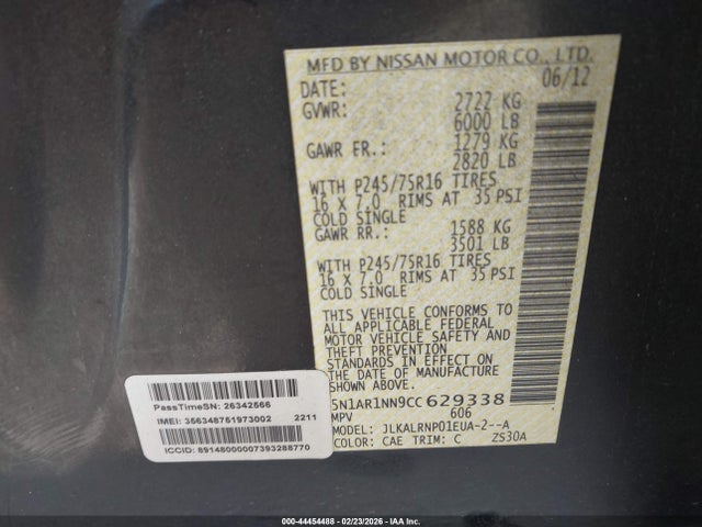 Aukcja sprzedaży 2012 Nissan Pathfinder S, vin: 5N1AR1NN9CC629338, numer aukcji: 44454488