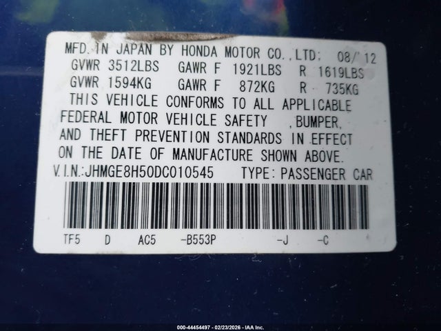 44454497 :رقم المزاد ، JHMGE8H50DC010545 vin ، 2013 Honda Fit Sport مزاد بيع
