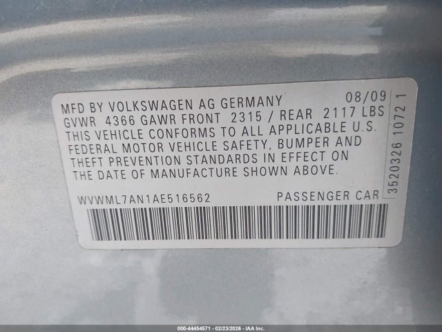 2010 Volkswagen Cc Sport მანქანა იყიდება აუქციონზე, vin: WVWML7AN1AE516562, აუქციონის ნომერი: 44454571