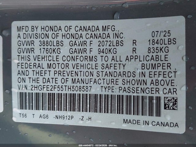 Продаж на аукціоні авто 2026 Honda Civic Sport, vin: 2HGFE2F55TH508587, номер лоту: 44454572