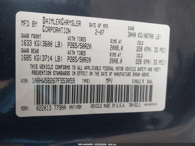 Продаж на аукціоні авто 2007 Chrysler Aspen Limited, vin: 1A8HW58267F553059, номер лоту: 44454593
