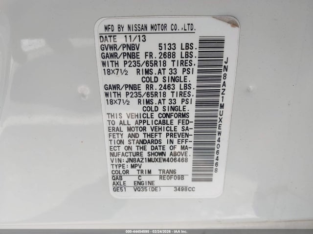 Aukcja sprzedaży 2014 Nissan Murano Sl, vin: JN8AZ1MUXEW406468, numer aukcji: 44454595