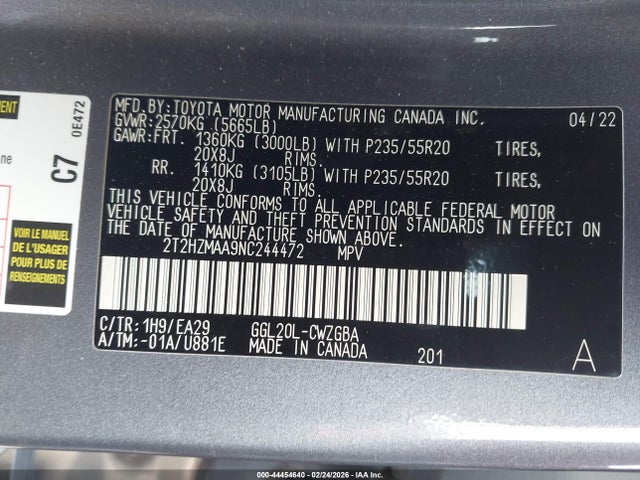44454640 :رقم المزاد ، 2T2HZMAA9NC244472 vin ، 2022 Lexus Rx 350 مزاد بيع