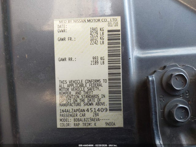 44454666 :رقم المزاد ، 1N4AL2AP0AN451409 vin ، 2010 Nissan Altima 2.5 S مزاد بيع