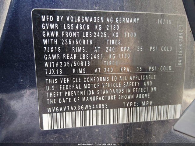 2016 VOLKSWAGEN TIGUAN WVGAV7AX3GW544053 Photo 8