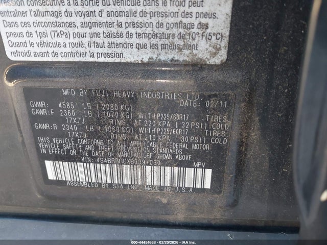 2011 Subaru Outback 2.5i Premium მანქანა იყიდება აუქციონზე, vin: 4S4BRBHCXB3397030, აუქციონის ნომერი: 44454668