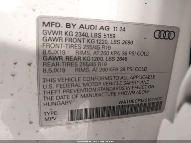 Продажа на аукционе авто 2025 Audi Q3 Premium 45 Tfsi S Line Quattro Tiptronic, vin: WA1DECF32S1027407, номер лота: 44454692